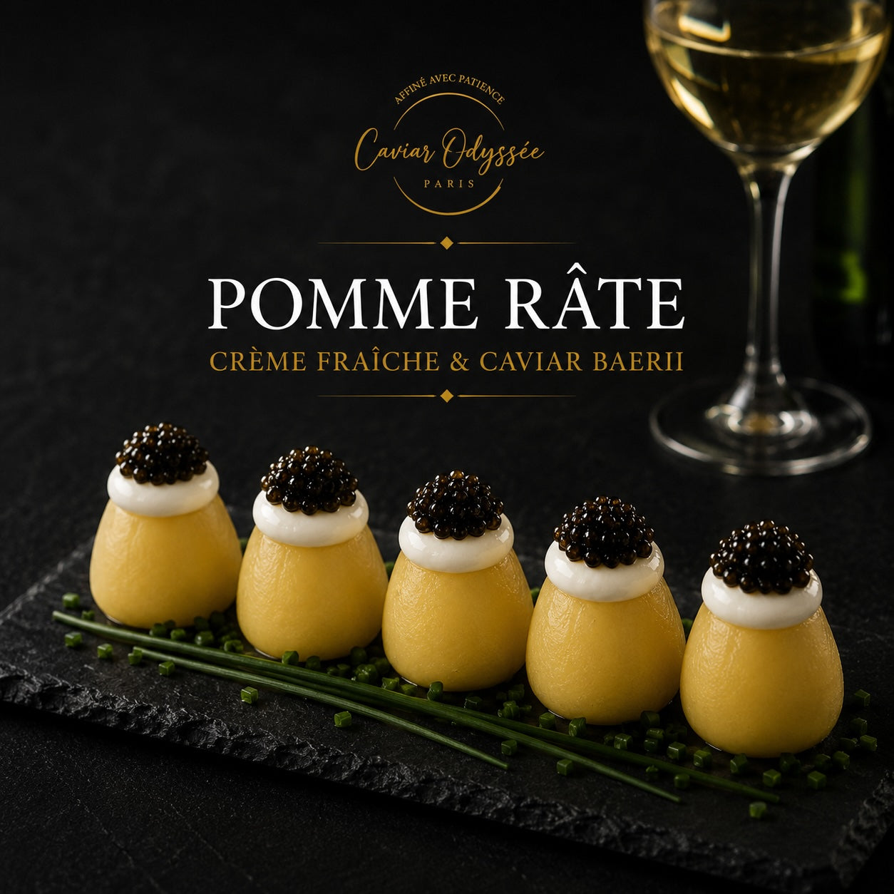 Pomme râte, crème fraîche et caviar baerii